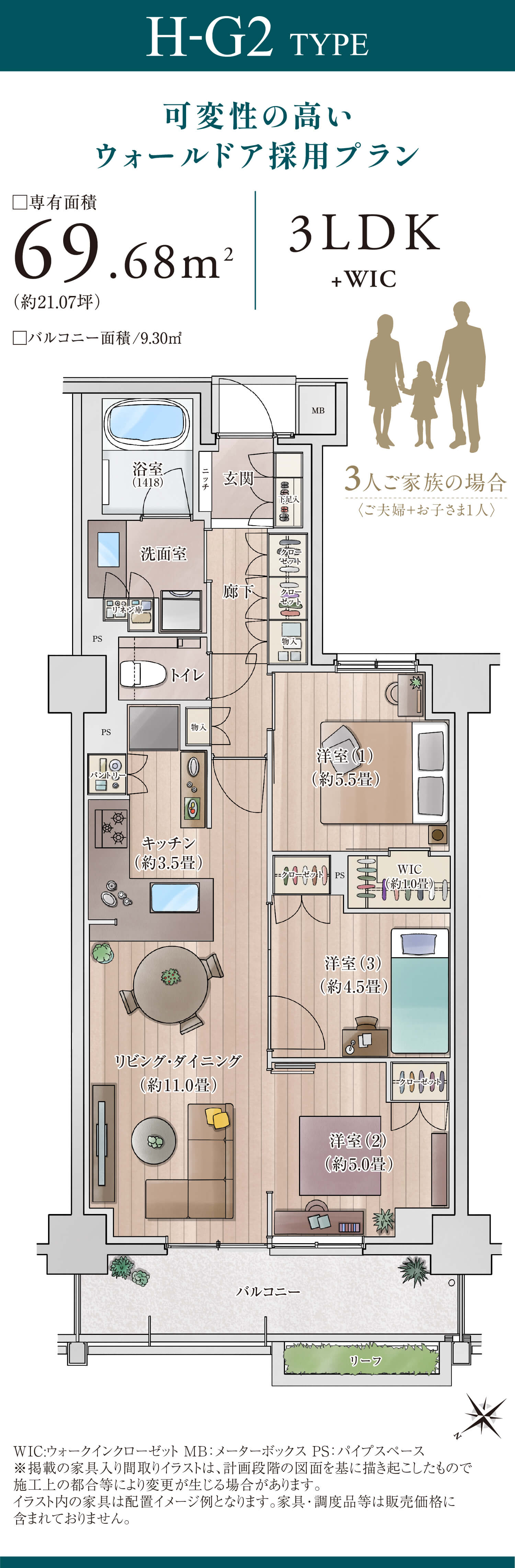 可変性の高いウォールドア採用プラン(3人ご家族)②